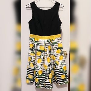New Size 4 Black and White striped Yellow Lemon Dress